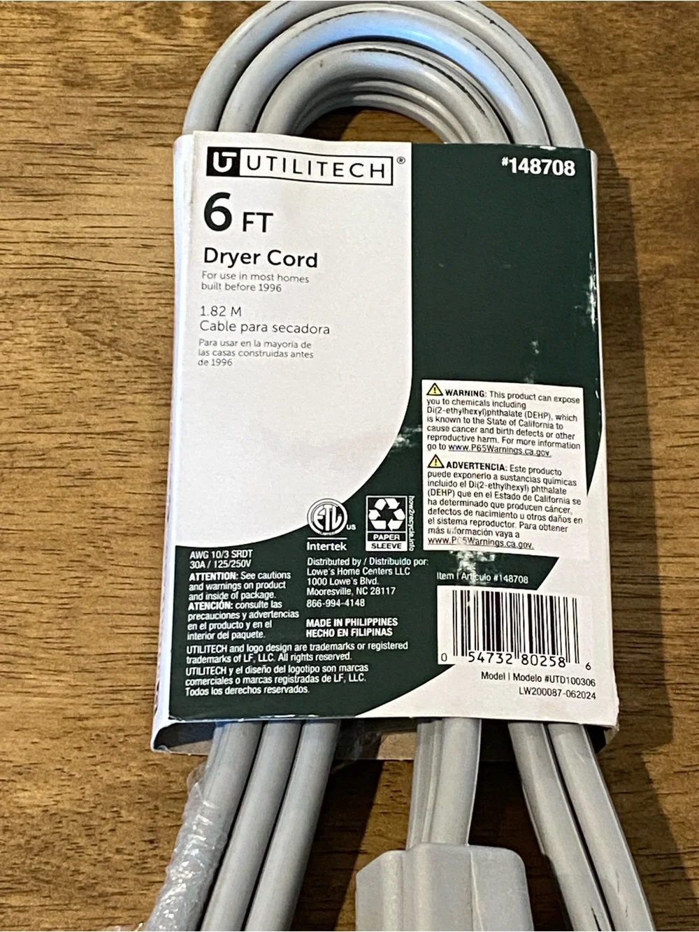 6 ft Gray Dryer Cord - 30A 10/3 Gauge